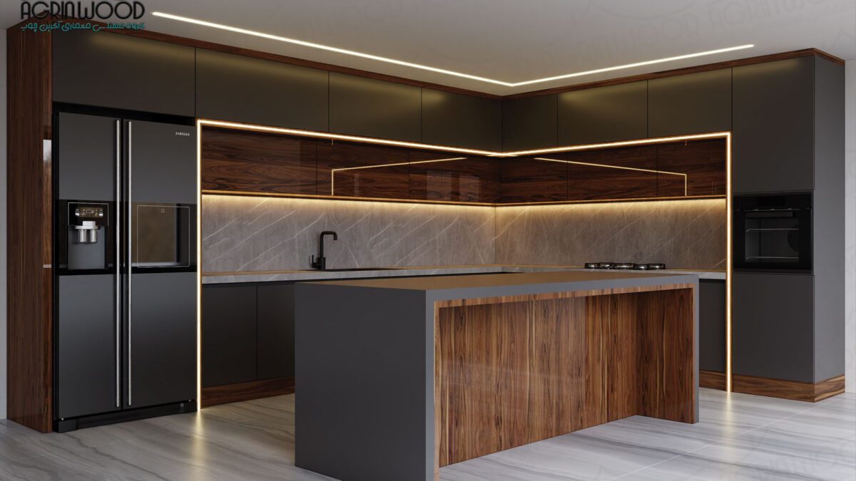 کابینت مدرن طوسی و چوب