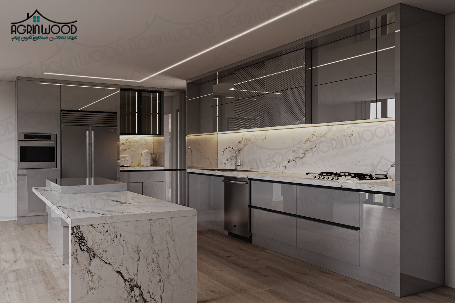 کابینت های‌گلاس درخشش لوکس در آشپزخانه