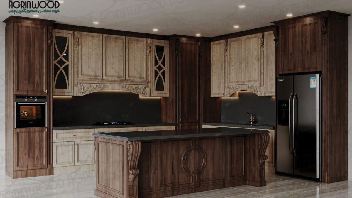 کابینت کرم قهوه ای روکش چوب