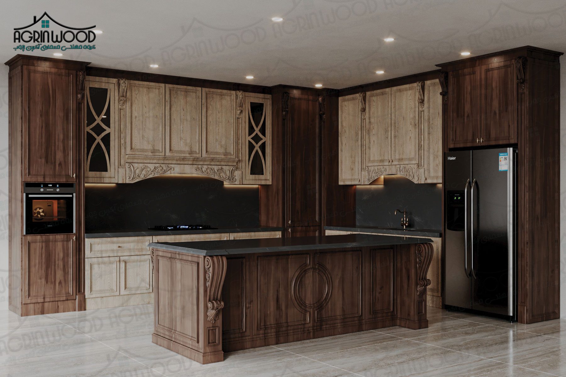 کابینت کرم قهوه ای روکش چوب