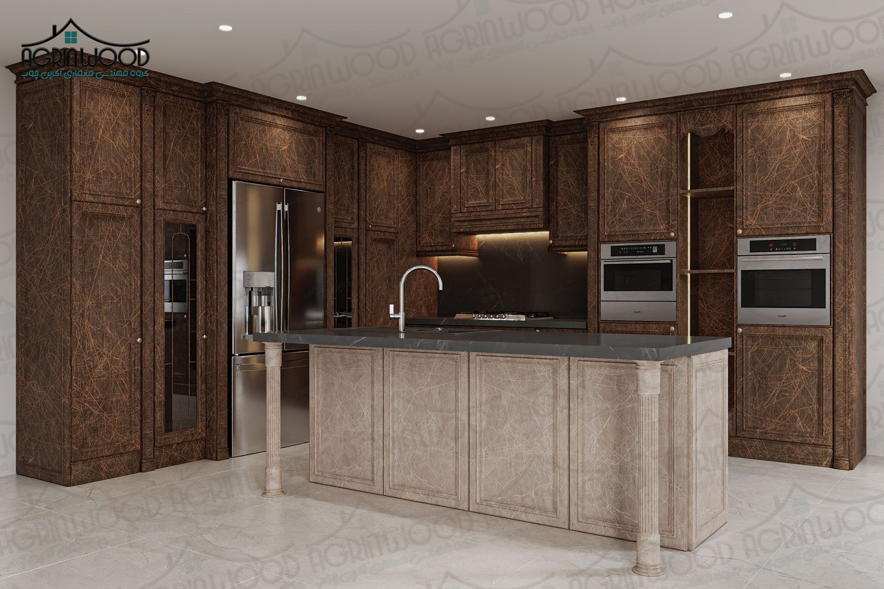 کابینت کرم قهوه ای روکش چوب