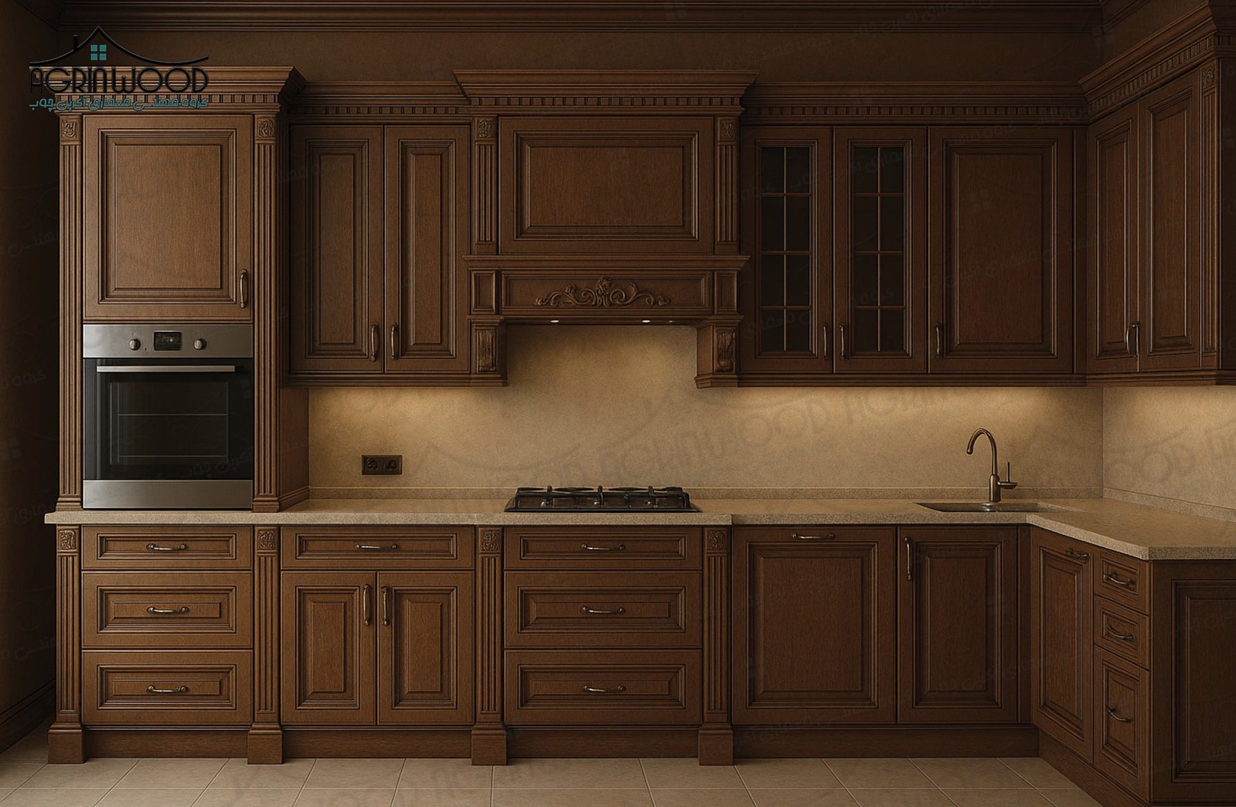 کابینت کرم قهوه ای روکش چوب