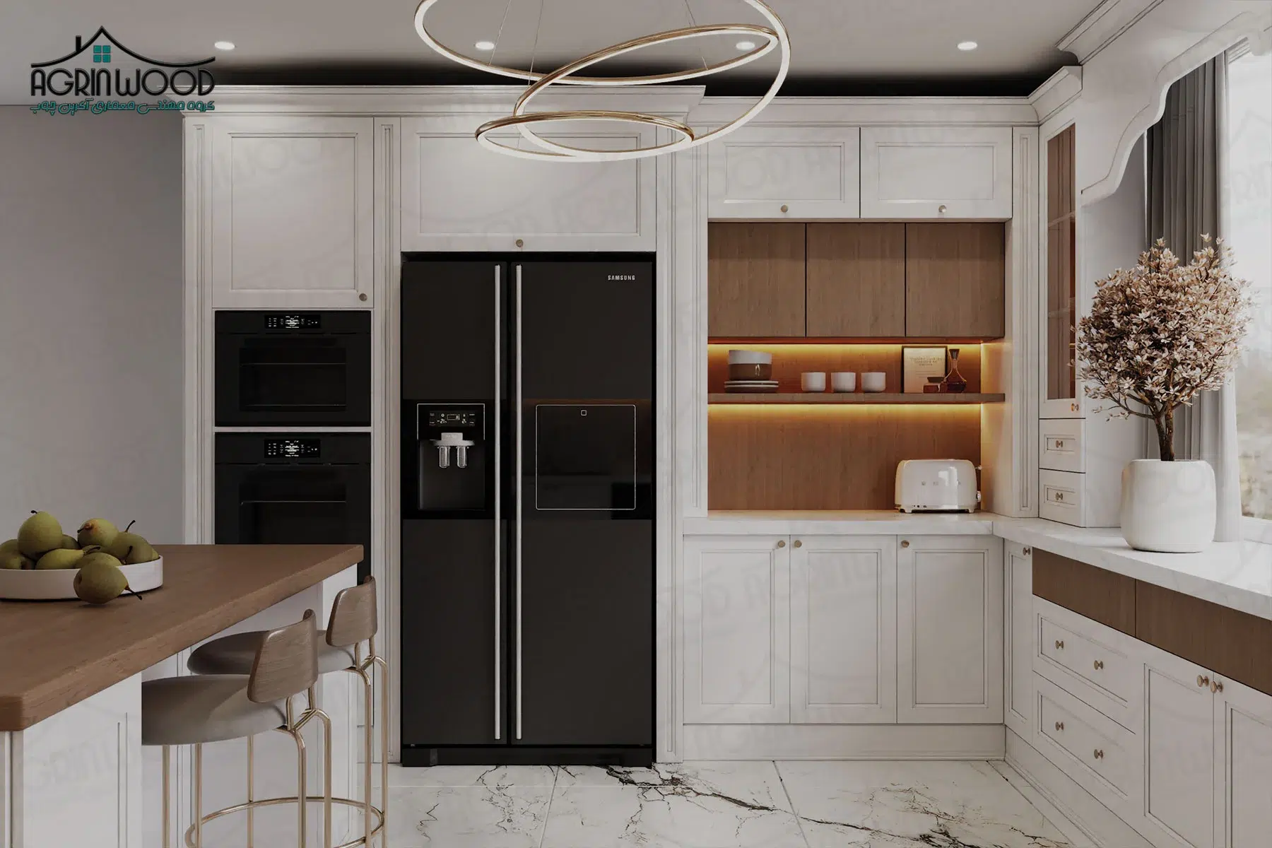 کابینت نئوکلاسیک سفید و چوب