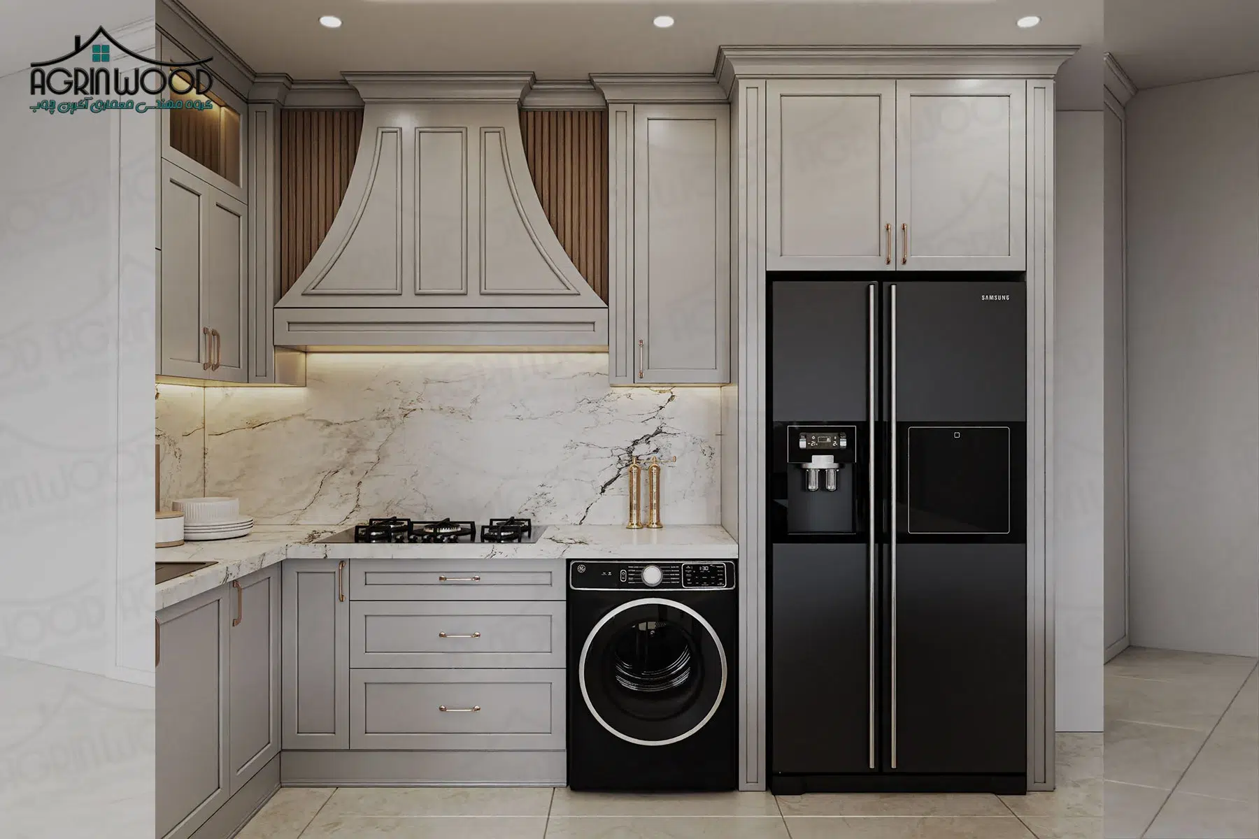 کابینت نئوکلاسیک سفید و چوب